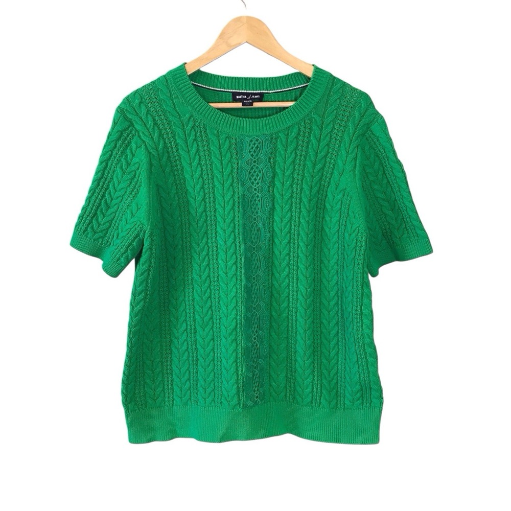 Nautica Jeans Women's Cable Knit Lace‎ Inset Short Sleeve Sweater Green Size XL